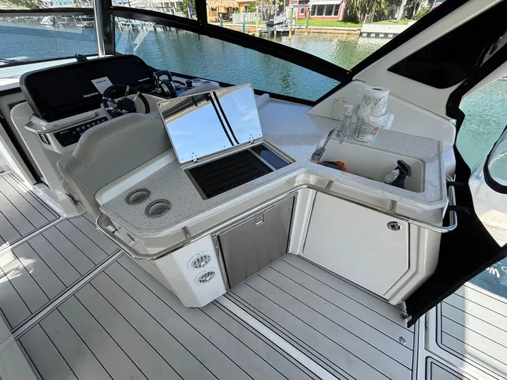 Namaste Yacht Photos Pics Aquila 36 Sport 2018 yacht interior with sleek kitchen and modern amenities.