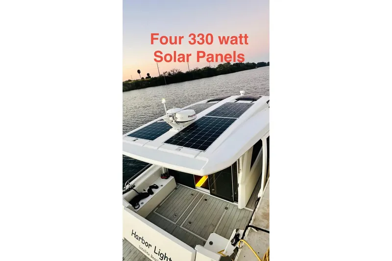 Least Expensive 39 Hybrid In The Country Yacht Photos Pics 2021 Greenline 39 Hybrid boat with four 330-watt solar panels on the roof.
