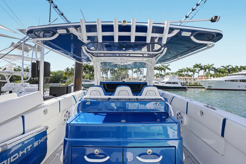  Yacht Photos Pics 2019 Midnight Express 43 Open boat with sleek blue interior and spacious deck.