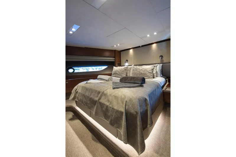 Lady Parisa Yacht Photos Pics Luxurious bedroom interior of 2014 Princess 88 Motor Yacht with elegant bedding.
