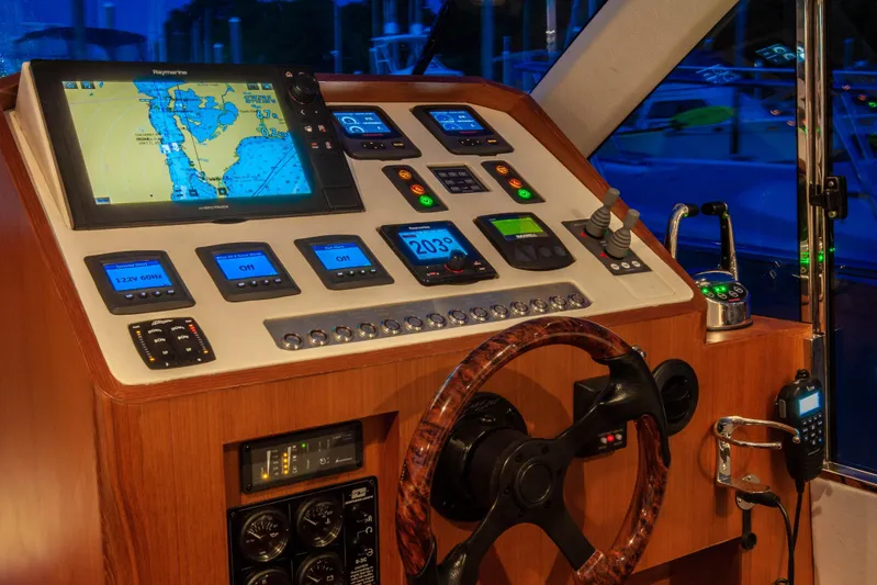  Yacht Photos Pics Helm of 2018 Hylas M44 yacht with navigation screens and controls.