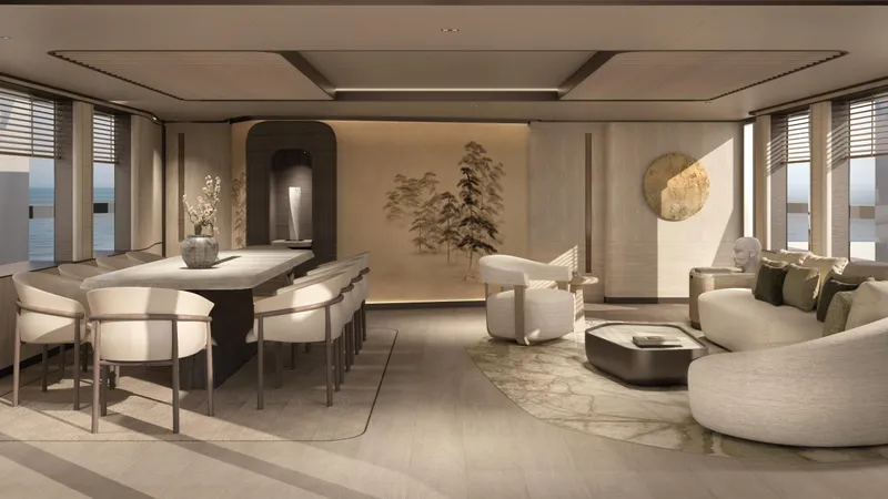  Yacht Photos Pics Luxurious interior of 2026 Rossinavi Bersek 47 yacht with elegant dining and seating areas.