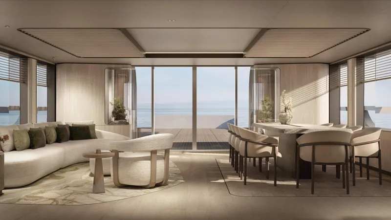 Yacht Photos Pics Luxurious interior of 2026 Rossinavi Bersek 47 yacht with elegant seating and ocean view.
