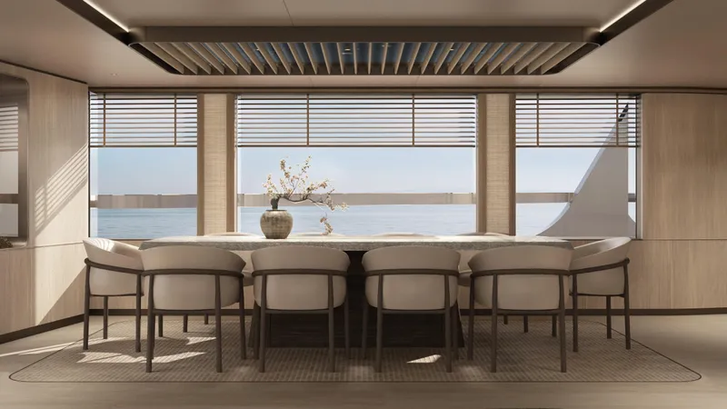  Yacht Photos Pics Luxurious dining area on 2026 Rossinavi Bersek 47 yacht with ocean view.