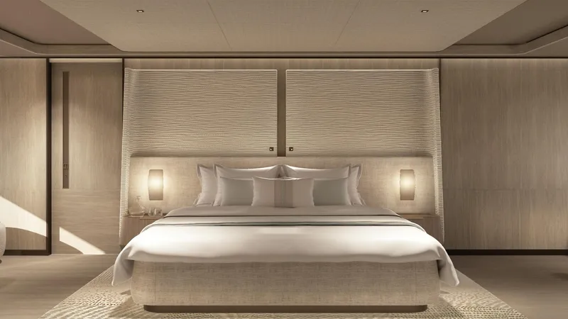  Yacht Photos Pics Luxurious bedroom interior of 2026 Rossinavi Bersek 47 yacht, featuring elegant design and ambient lighting.