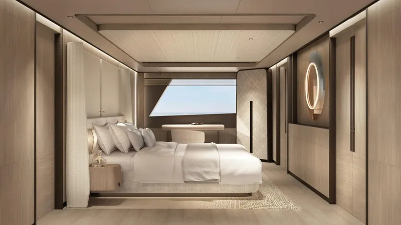  Yacht Photos Pics Luxurious bedroom interior of 2026 Rossinavi Bersek 47 yacht, featuring modern design and elegant furnishings.