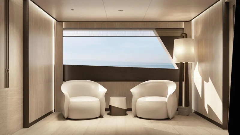  Yacht Photos Pics Luxurious interior of Rossinavi Bersek 47 yacht, 2026 model, featuring modern seating and ocean view.