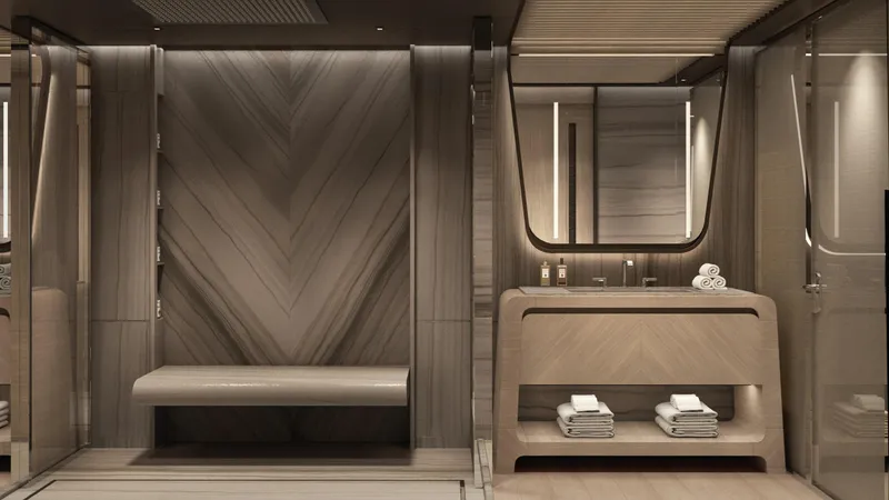  Yacht Photos Pics Luxurious bathroom interior of 2026 Rossinavi Bersek 47 yacht, featuring modern design and elegant finishes.