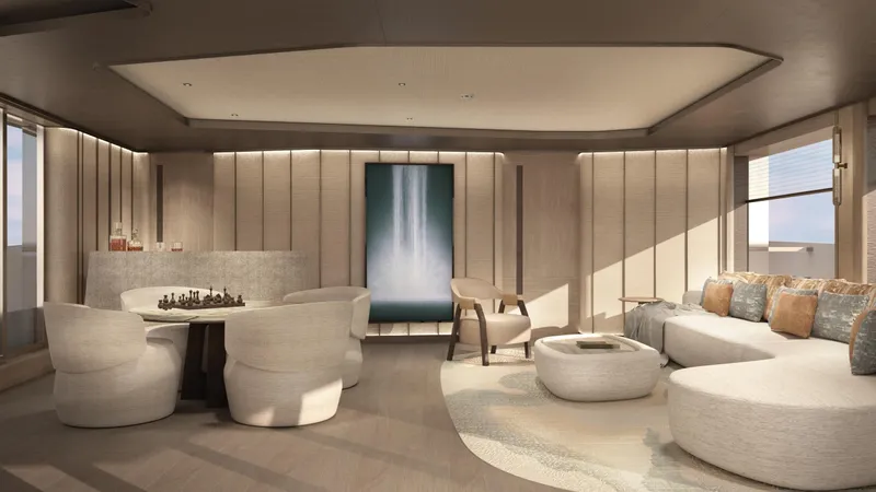  Yacht Photos Pics Luxurious interior of 2026 Rossinavi Bersek 47 yacht with modern seating and elegant decor.