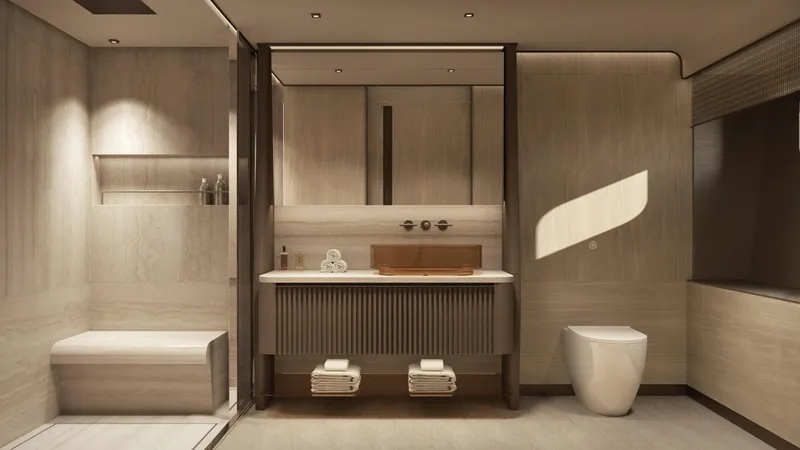  Yacht Photos Pics Luxurious bathroom interior on Rossinavi Bersek 47 yacht, 2026 model, featuring modern design elements.