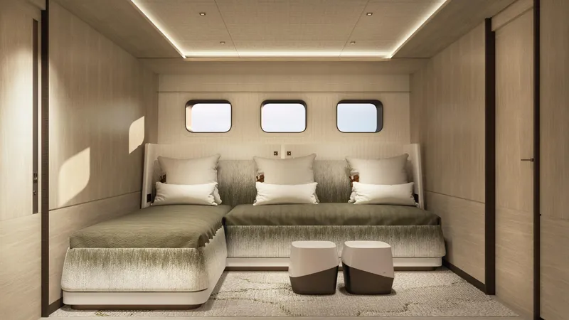  Yacht Photos Pics Luxurious interior of 2026 Rossinavi Bersek 47 yacht with modern furnishings and ambient lighting.