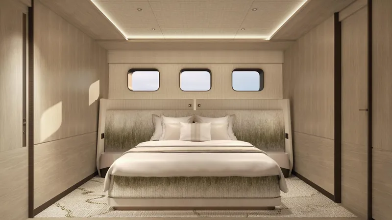  Yacht Photos Pics Luxurious bedroom interior of 2026 Rossinavi Bersek 47 yacht with modern design and elegant lighting.
