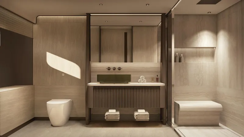  Yacht Photos Pics Luxurious bathroom interior on Rossinavi Bersek 47 yacht, 2026 model, featuring modern design elements.