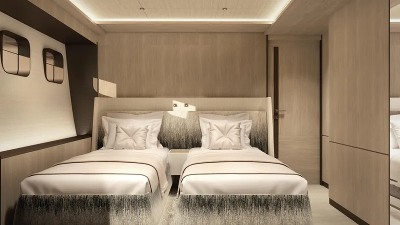  Yacht Photos Pics Luxurious twin bedroom in 2026 Rossinavi Bersek 47 yacht, featuring modern design and elegant decor.