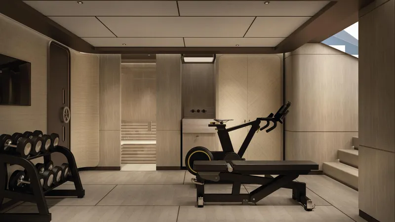  Yacht Photos Pics Luxury gym on Rossinavi Bersek 47 yacht, 2026 model, featuring modern equipment and sleek design.