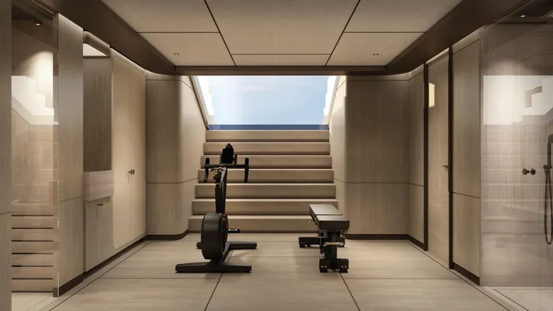  Yacht Photos Pics Luxurious gym interior on Rossinavi Bersek 47 yacht, 2026 model, featuring modern fitness equipment.