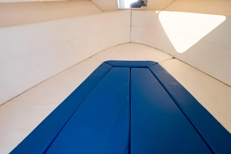  Yacht Photos Pics Interior of 2015 Intrepid 327 Cuddy boat with blue cushioned seating.