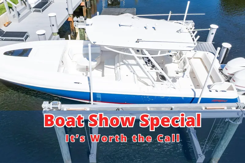  Yacht Photos Pics 2015 Intrepid 327 Cuddy boat at dock, "Boat Show Special" promotion.