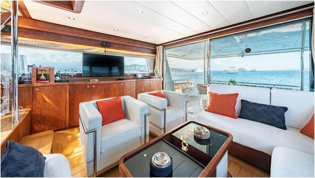 Luxurious interior of 2012 Explorer Trawler 67-70' yacht with ocean view.
