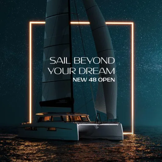 Nautitech 48 Open - Available For 2026 Delivery! Yacht Photos Pics Sleek Nautitech 48 Open yacht sailing under starry night sky, 2026 model.