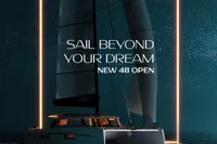 Sleek Nautitech 48 Open yacht sailing under starry night sky, 2026 model.