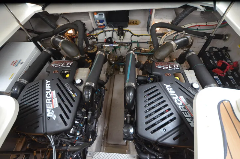  Yacht Photos Pics Engine room of 2007 Sea Ray 38 Sundancer with twin Mercury engines.