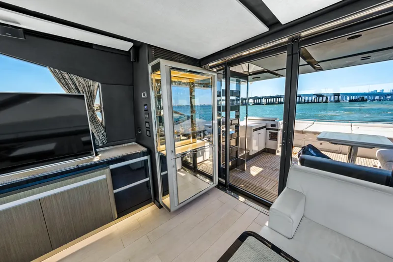 Swaha Yacht Photos Pics Luxurious interior of 2018 Azimut S7 yacht with ocean view and modern amenities.