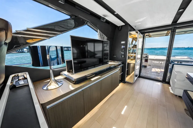 Swaha Yacht Photos Pics Luxurious interior of 2018 Azimut S7 yacht with modern decor and ocean view.