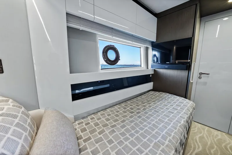 Swaha Yacht Photos Pics Luxurious 2018 Azimut S7 yacht cabin with modern design and ocean view window.