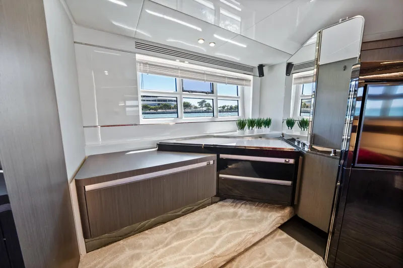 Swaha Yacht Photos Pics Luxurious interior of 2018 Azimut S7 yacht with modern design and elegant furnishings.