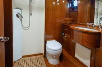 Luxurious wooden bathroom interior on 1929 Camper & Nicholsons J Class yacht.