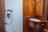Luxurious wooden bathroom interior on 1929 Camper & Nicholsons J Class yacht.