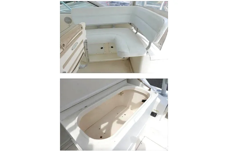  Yacht Photos Pics 1997 Pursuit 3000 Express interior with seating and storage area.