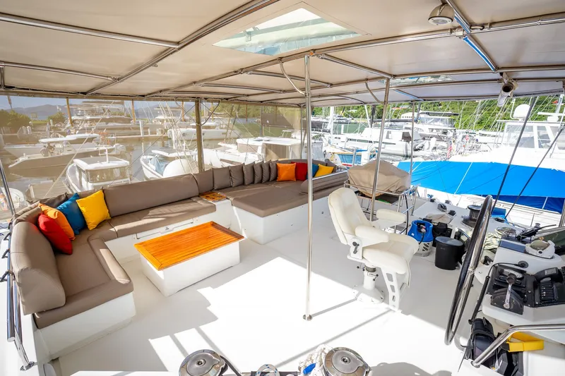 Copper Penny Yacht Photos Pics Spacious deck of 2011 Lagoon 560 catamaran with comfortable seating and helm station.