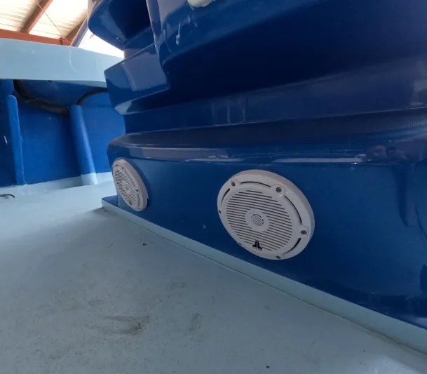 Cool Change Yacht Photos Pics Blue Eastward 30 boat interior with white speakers, 2022 model.