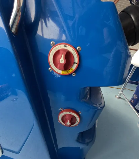 Cool Change Yacht Photos Pics Red battery switches on blue Eastward 30 boat panel, 2022 model.