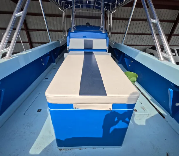 Cool Change Yacht Photos Pics 2022 Eastward 30 boat interior with blue and white seating, under a metal canopy.