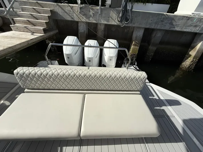 Moana & Malie Yacht Photos Pics Luxury Schaefer 375 boat with triple Mercury engines, 2025 model, featuring elegant quilted seating.