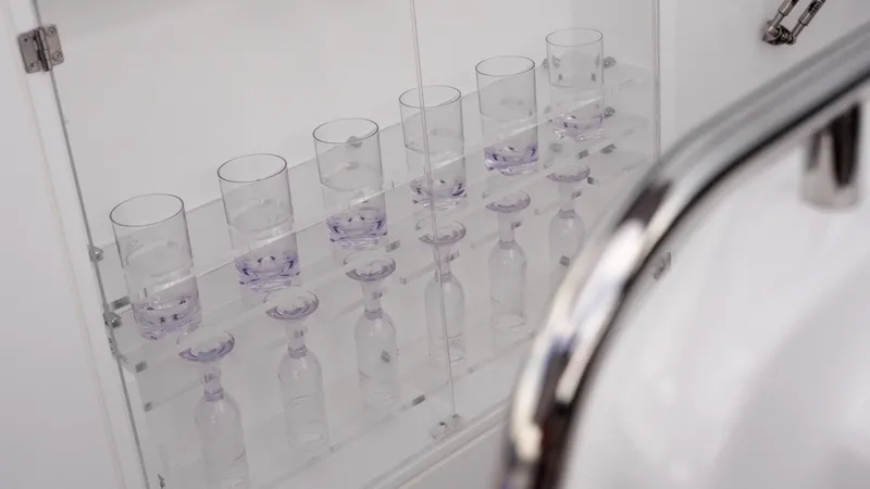 Moana & Malie Yacht Photos Pics Glass storage cabinet on Schaefer 375 yacht, 2025 model, with neatly arranged glasses.