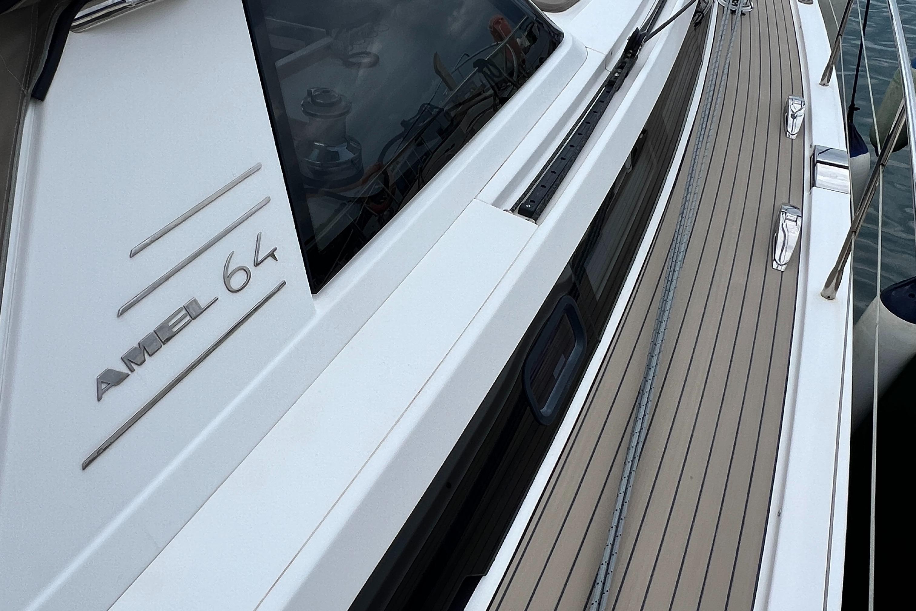 Amel 64 yacht deck, 2016 model, featuring sleek design and modern finishes.