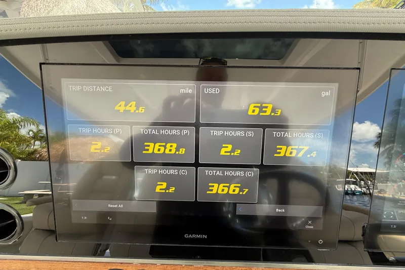  Yacht Photos Pics Dashboard display of a 2022 Regal 38 SAV showing trip distance and fuel usage.