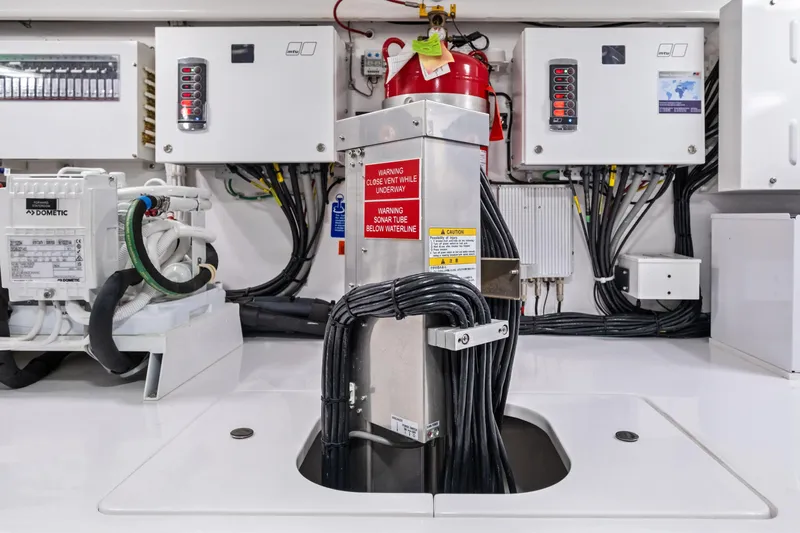  Yacht Photos Pics Engine room of 2025 Viking 64 Convertible yacht with advanced electrical systems.