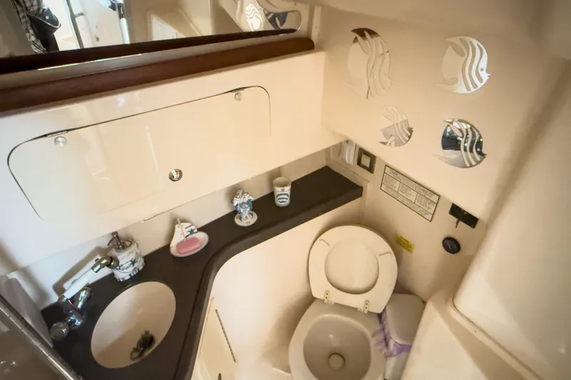  Yacht Photos Pics 2006 Grady-White Express 330 boat bathroom with sink, toilet, and decorative elements.