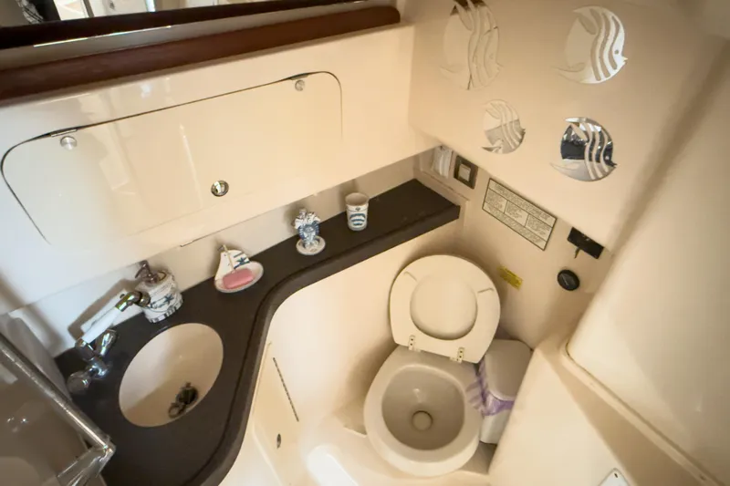  Yacht Photos Pics 2006 Grady-White Express 330 boat bathroom with sink, toilet, and decorative accents.