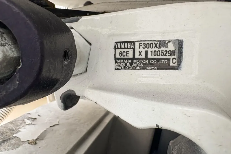  Yacht Photos Pics Yamaha F300X engine label on 2006 Grady-White Express 330 boat, made in Japan.