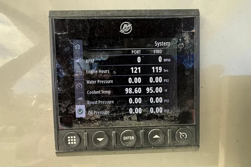  Yacht Photos Pics Display screen of a 2023 Boston Whaler 330 Outrage showing engine metrics.