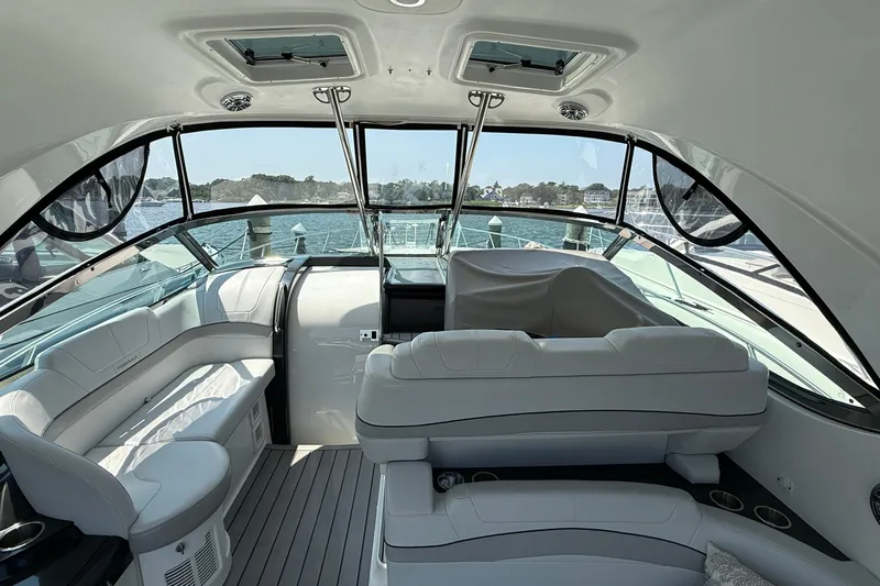  Yacht Photos Pics 2022 Formula 40 Performance Cruiser interior with luxurious seating and panoramic windows.
