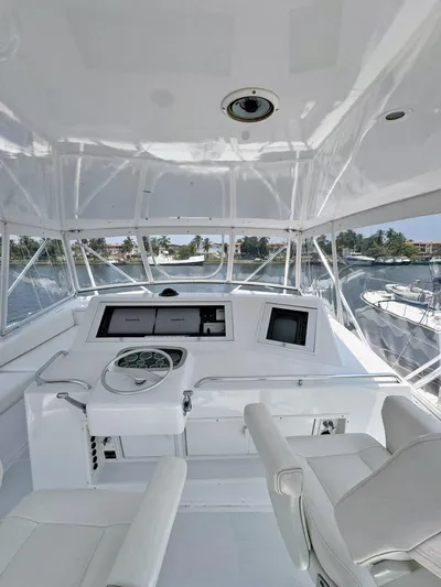 Yacht Photos Pics Interior helm of 1998 Viking 58 Convertible yacht with modern navigation equipment.