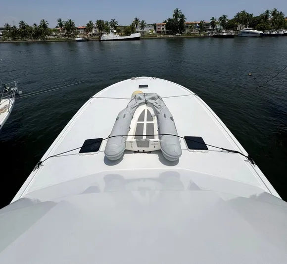  Yacht Photos Pics Bow view of a 1998 Viking 58 Convertible yacht docked near palm trees.