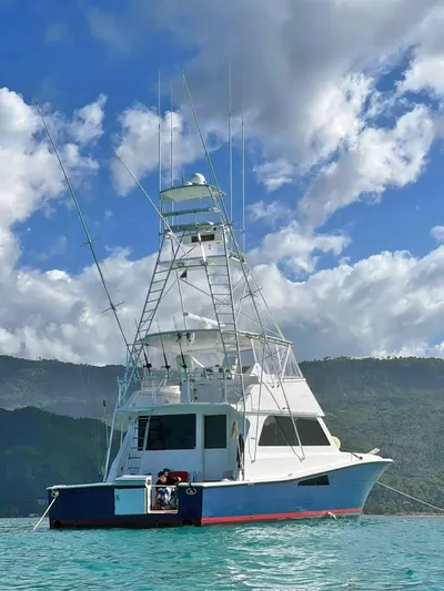  Yacht Photos Pics 1998 Viking 58 Convertible yacht on clear blue water with mountainous backdrop.